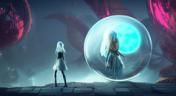 Alice in Cyberpunk World of Glass Spheres