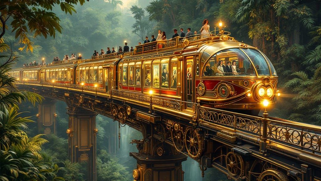 Steampunk Monorail in Jungle, Art Nouveau Style
