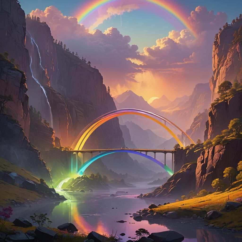 Rainbow Bridge in Dreamy Valley: Fantasy Concept Art