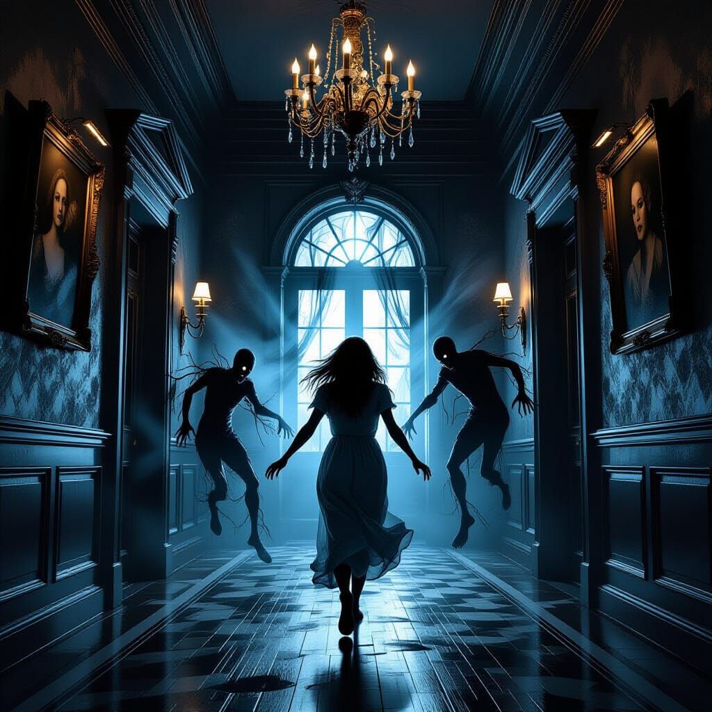 Terrified Sandra Flees Haunted Mansion in Cosmic Horror Styl...