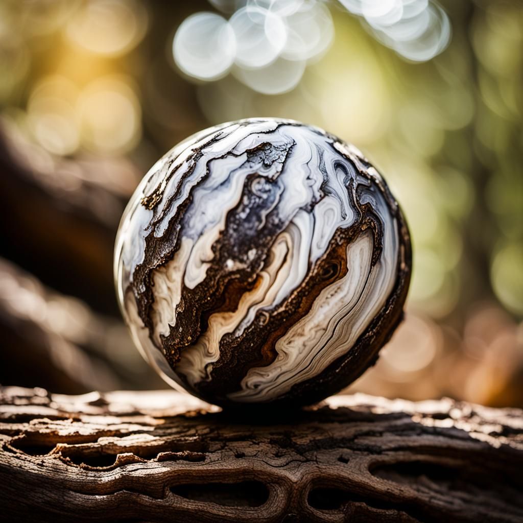 Marble Sphere on Tree Bark Macro Photography