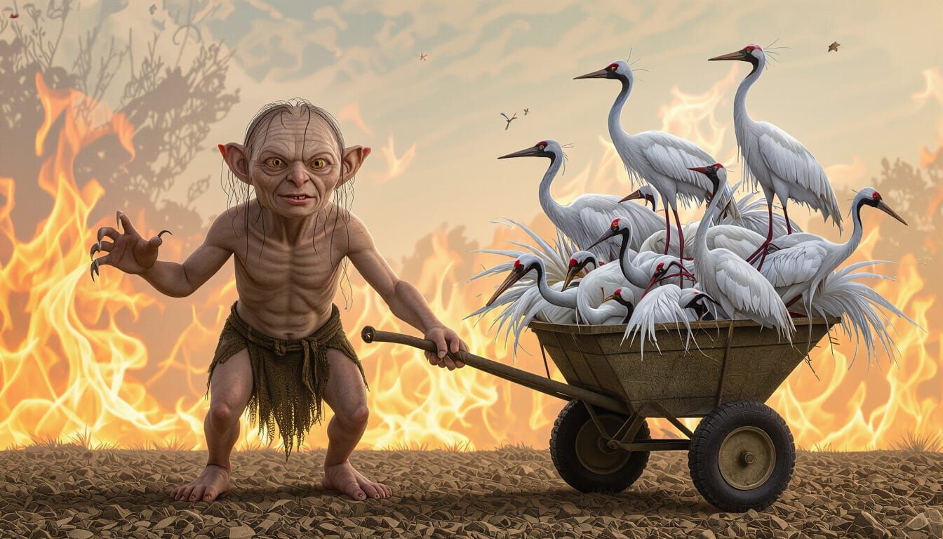 Gollum with Wheelbarrow of Skulls in Abstract Fantasy Style