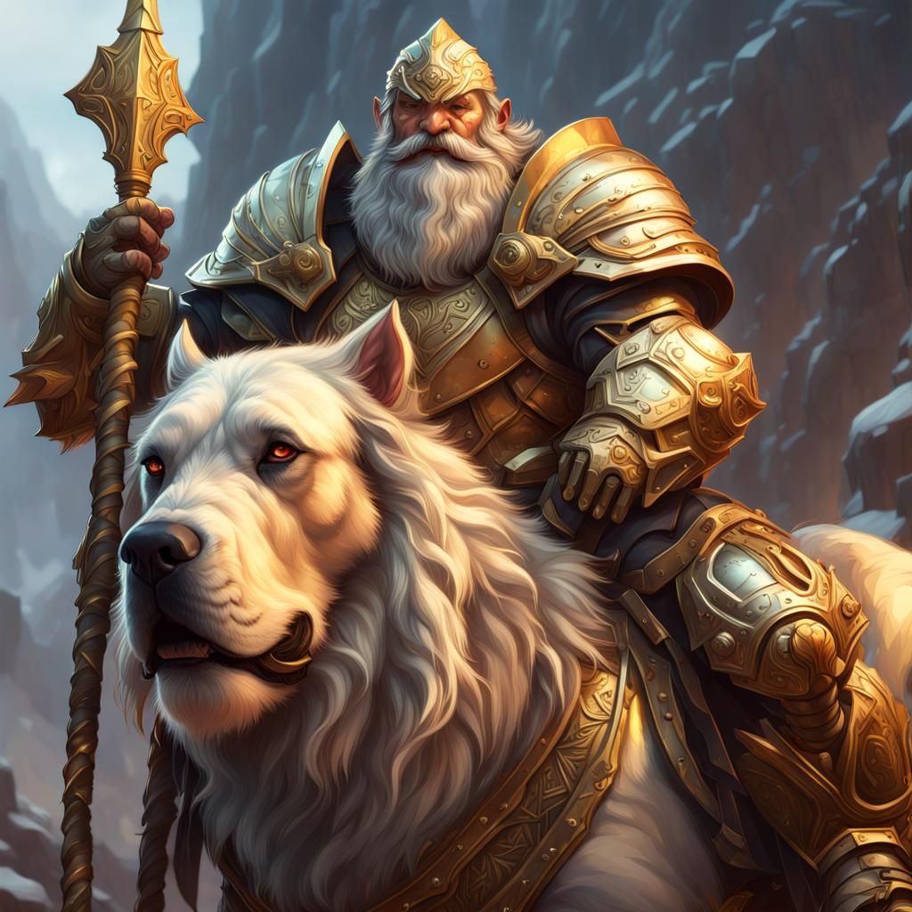 Golden Dwarf and Mastiff Portrait in Digital Art Style