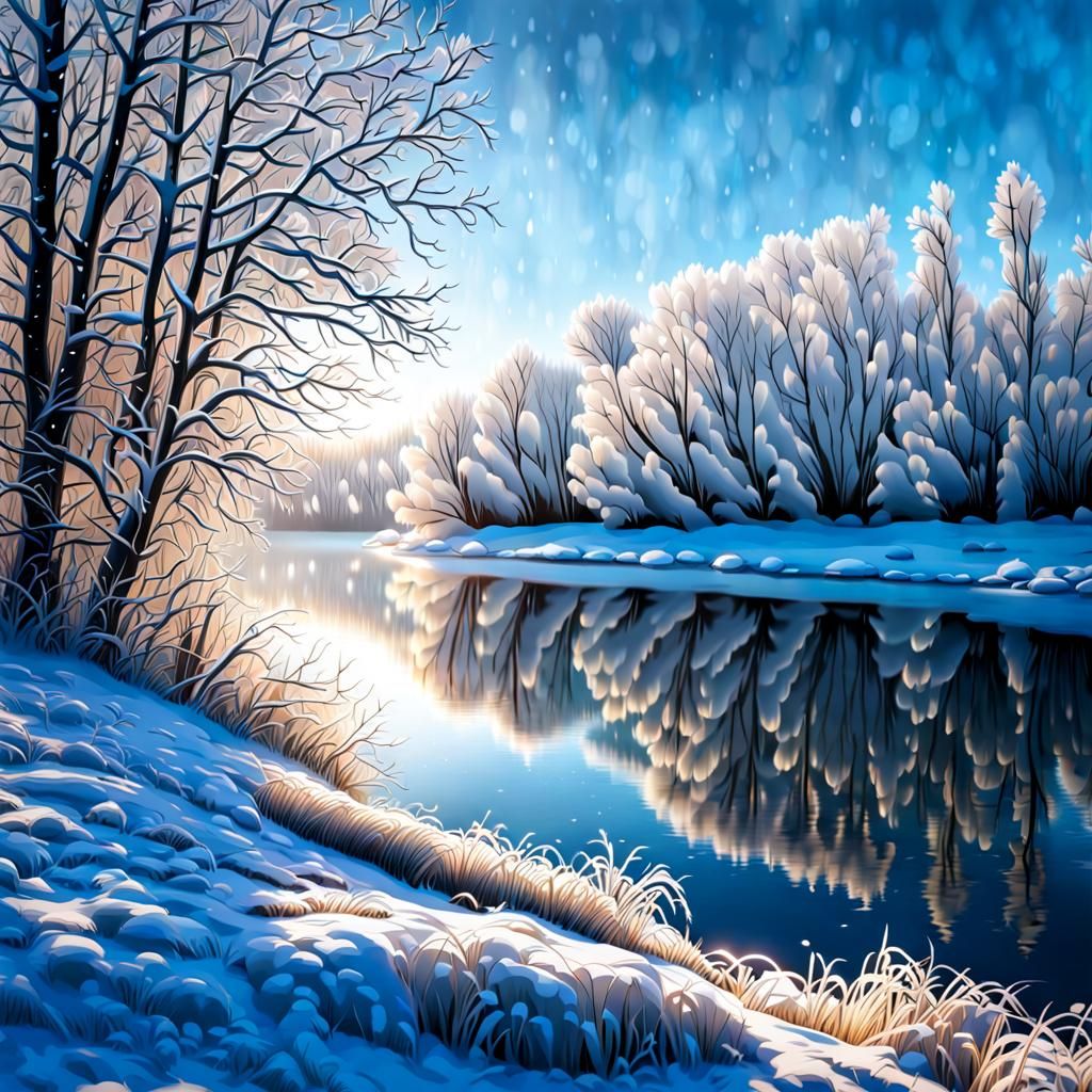 Icy Riverbank in Winter Wonderland: Realistic Photography