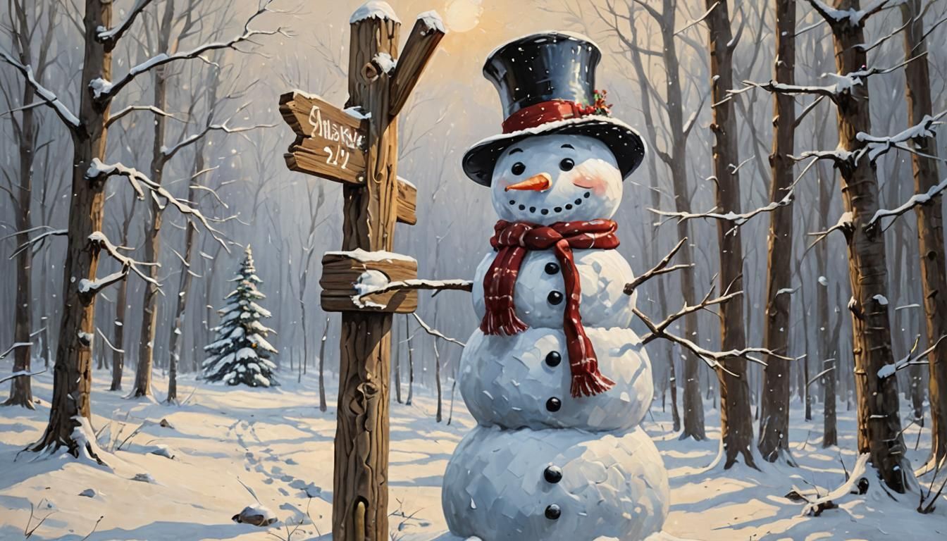 Vintage Snowman in Snowy Forest Oil Painting