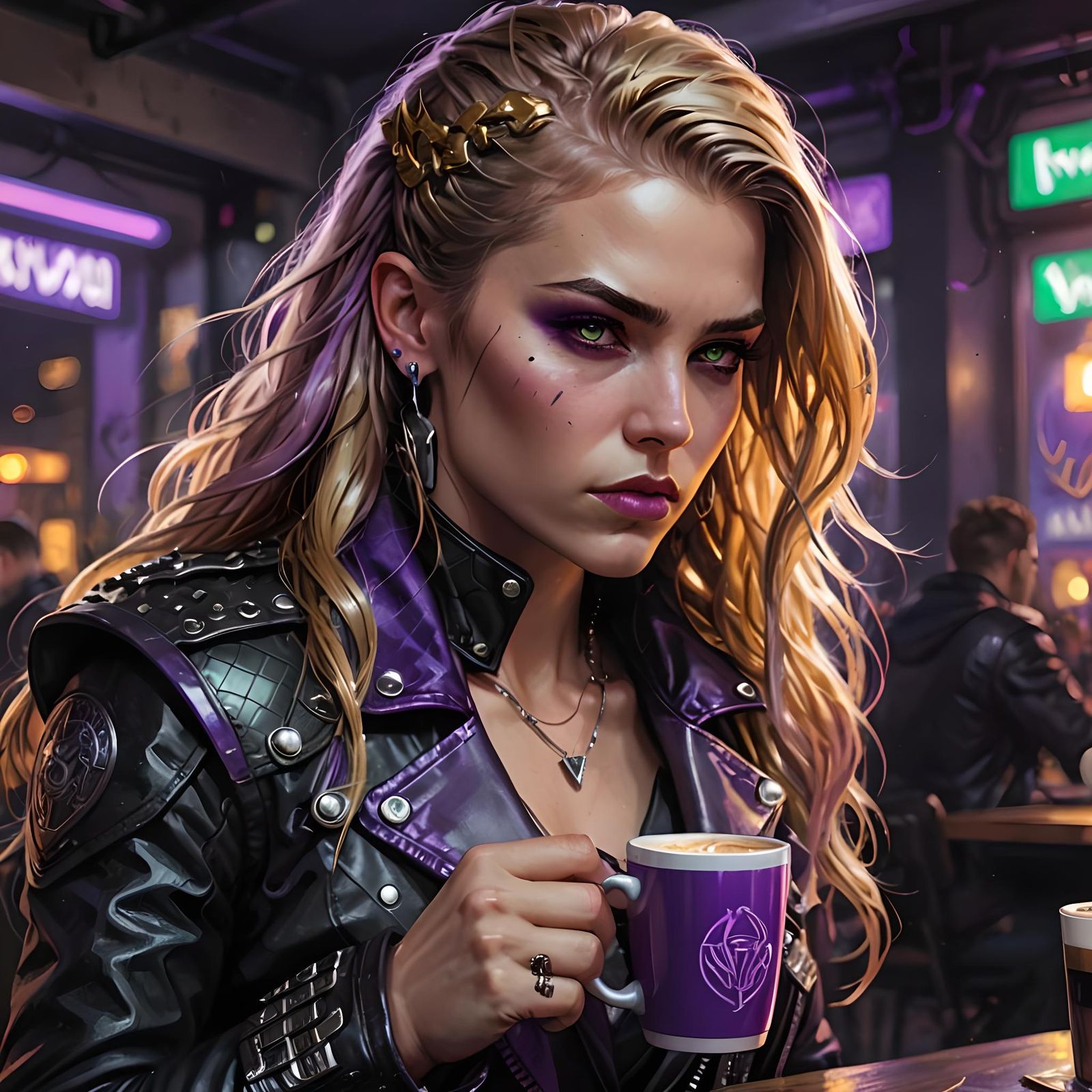 Valkyrie Biker in Cafe: Digital Art