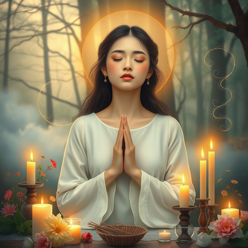 Serene Woman Meditating in Mystical Forest Scene