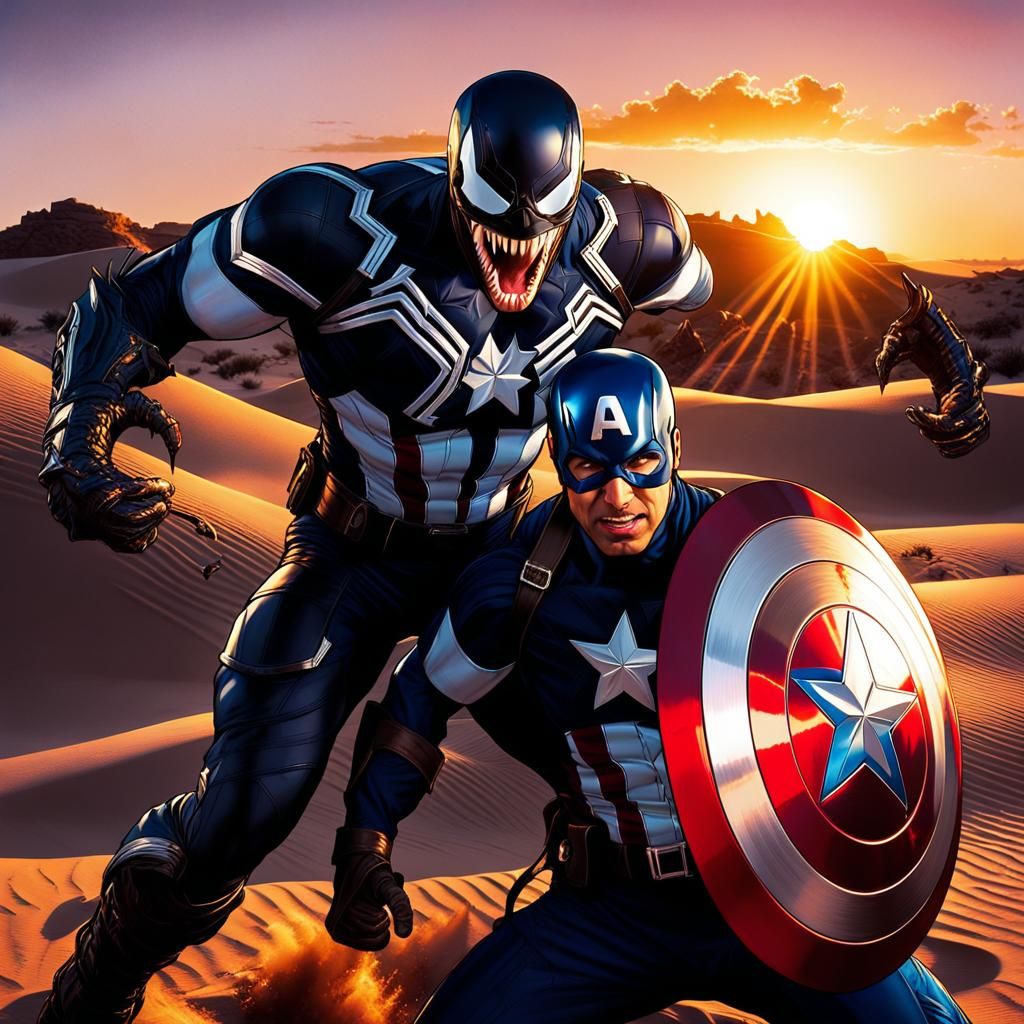 Venom and Captain America Fusion in Surreal Desert
