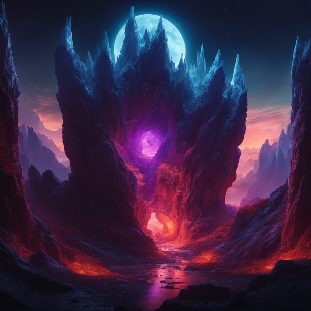 Dramatic Dragon Back Mountain Cave in Moonlight