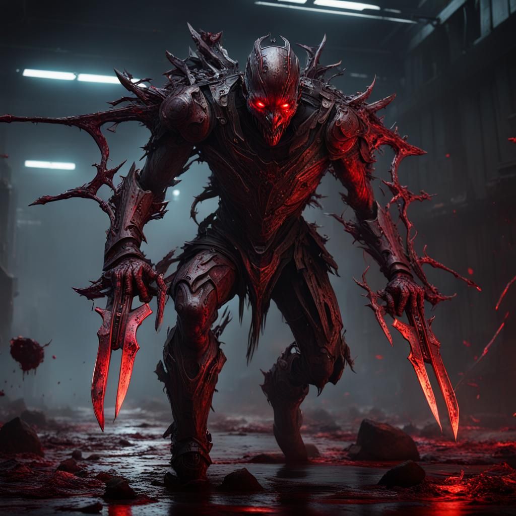 Menacing Cybernetic Warrior Leaping with Red Eyes