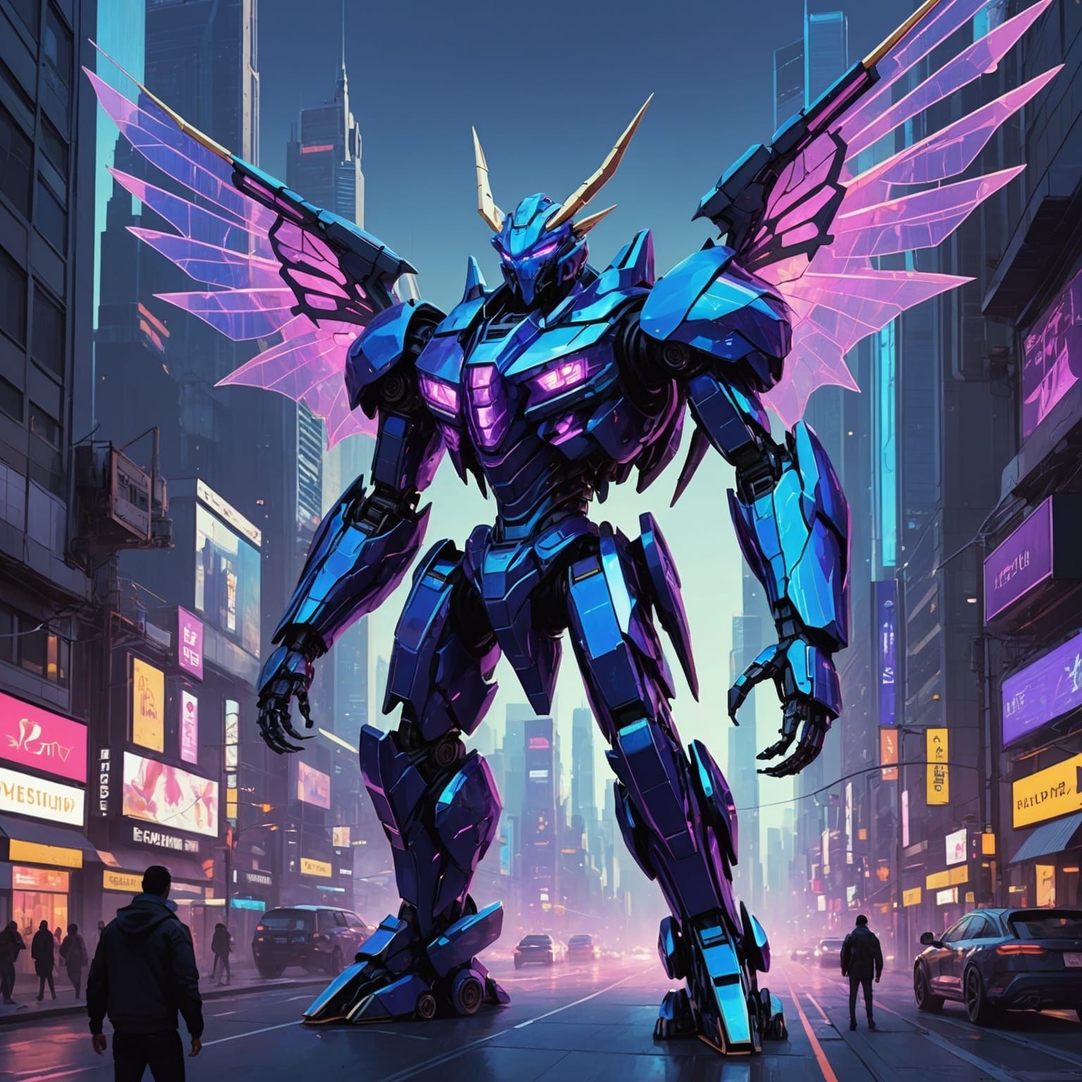 Cyberpunk Mecha Dragon Clash in Neon Cityscape