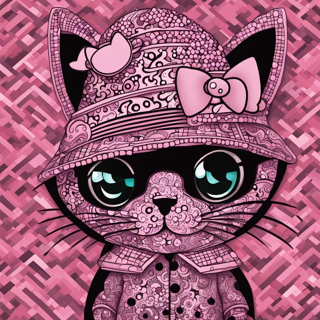 Cat in Hello Kitty Pajamas with Abstract Vector Elements