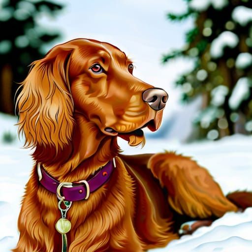 Irish Setter Dog in Falling Snow