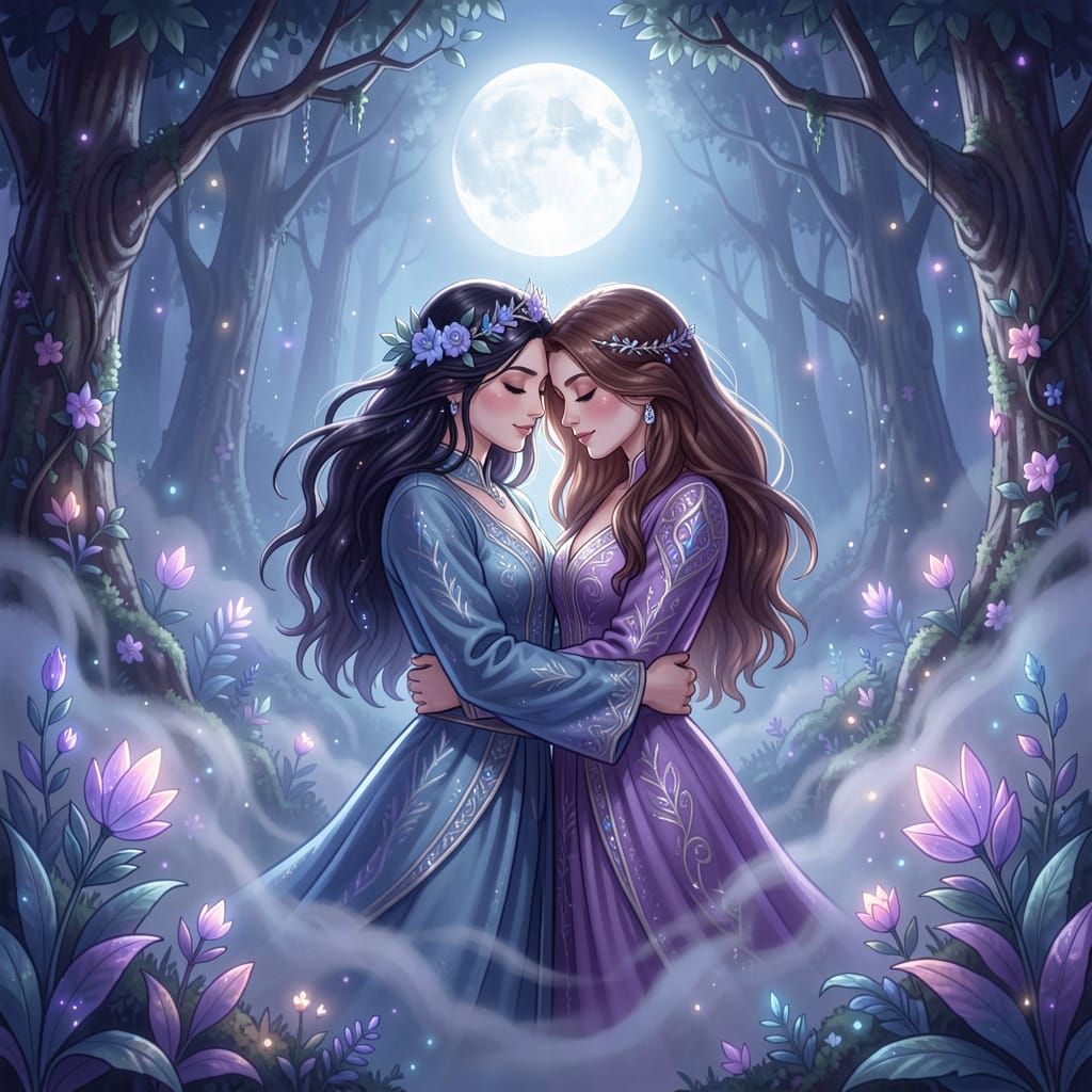 Sapphic Fantasy Forest Embrace in Ethereal Moonlight