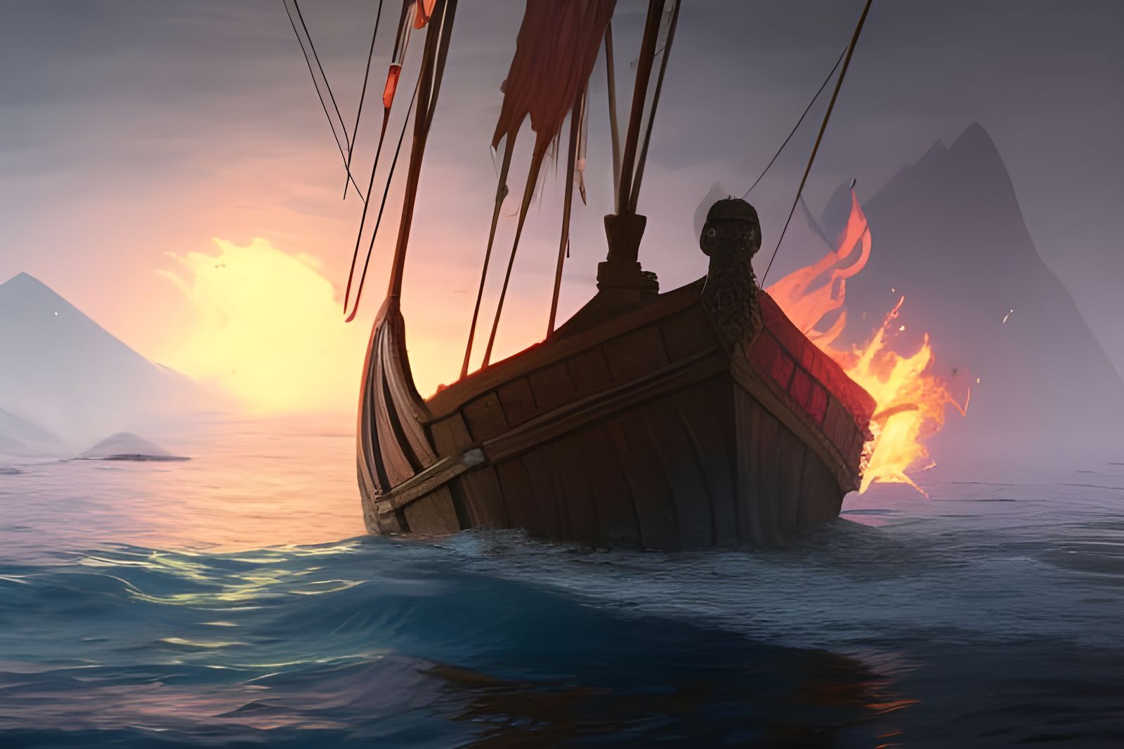 Flaming Viking Ship at Sea: Hyperdetailed Concept Art