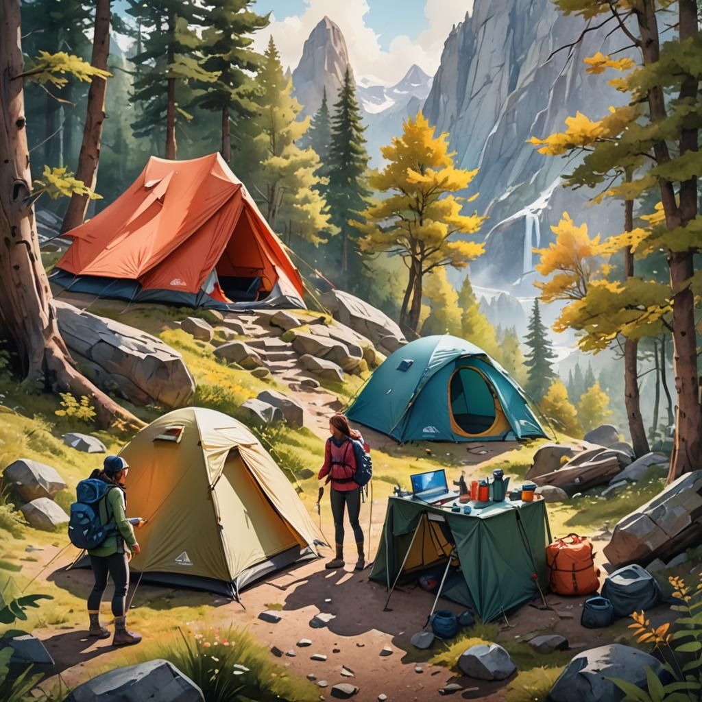 Girls Hiking: A Colorful Watercolor Camping Scene