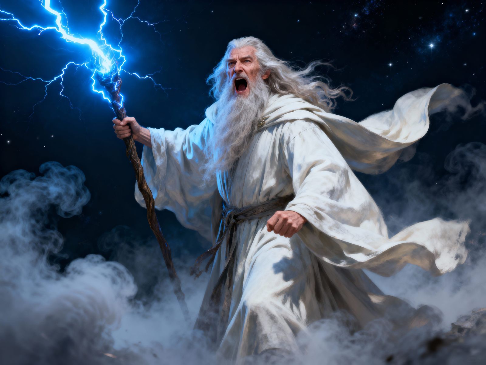 Gandalf with Electric Staff in Cosmic Lightning Storm