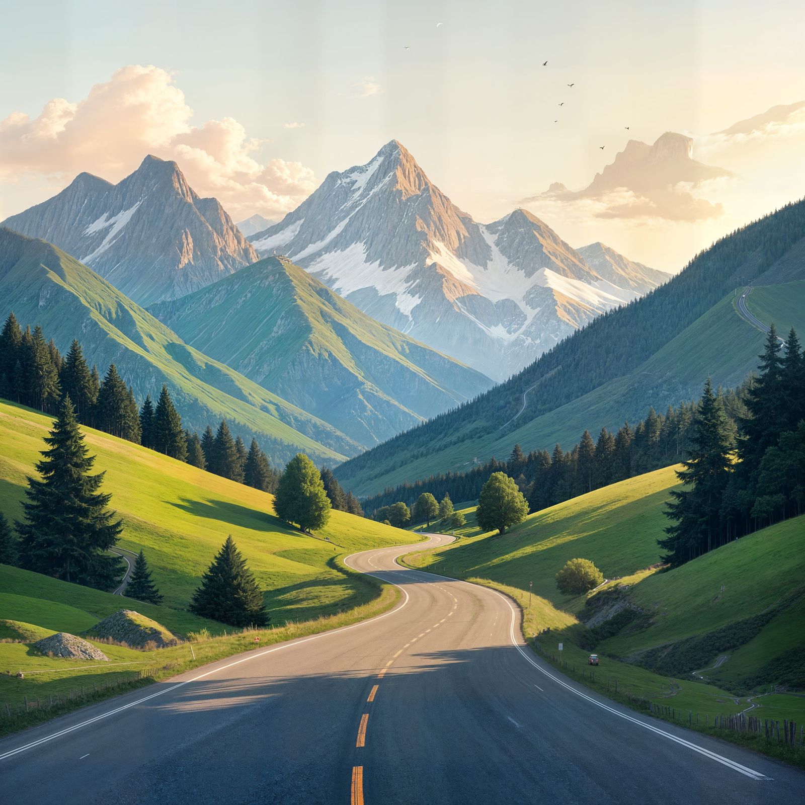 Scenic Winding Road Through Green Hills and Mountains