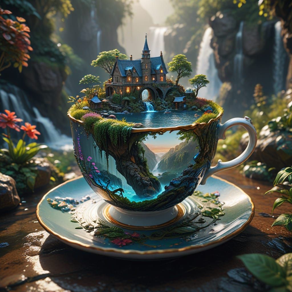 Fantasy Village City Inside Teacup with Waterfall