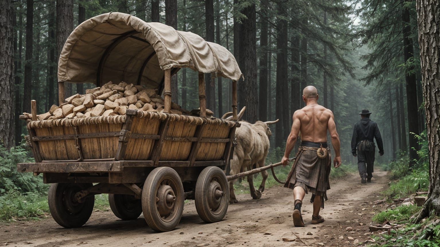 Ancient Warrior Leads Ox Cart Through Primeval Forest in a M...