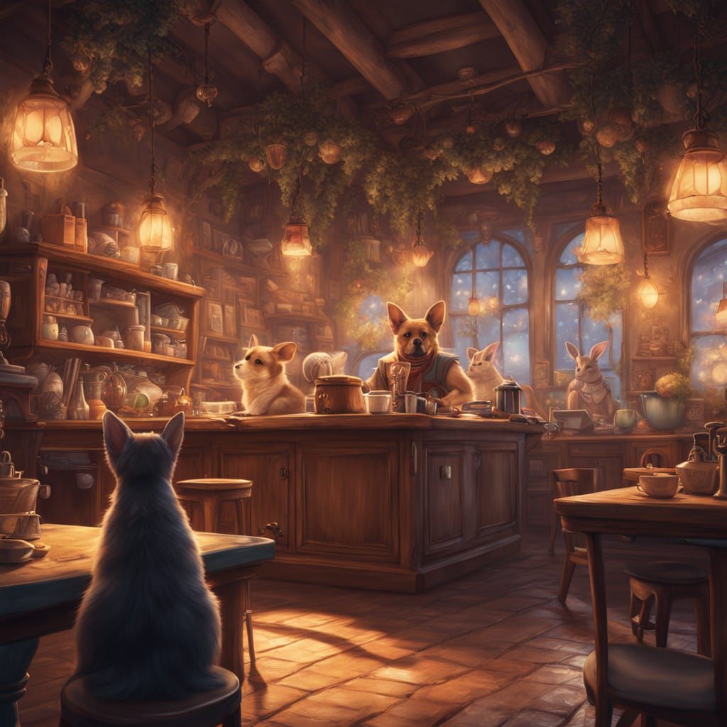 Magical Pet Café With Mystical Baristas and Glowing Coffee