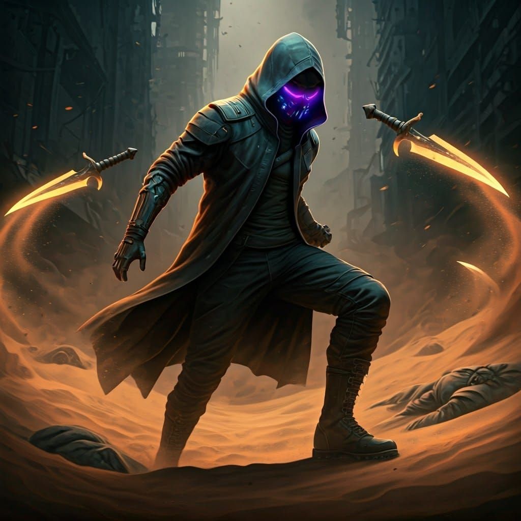 Cyberpunk Assassin in Artificial Sandstorm