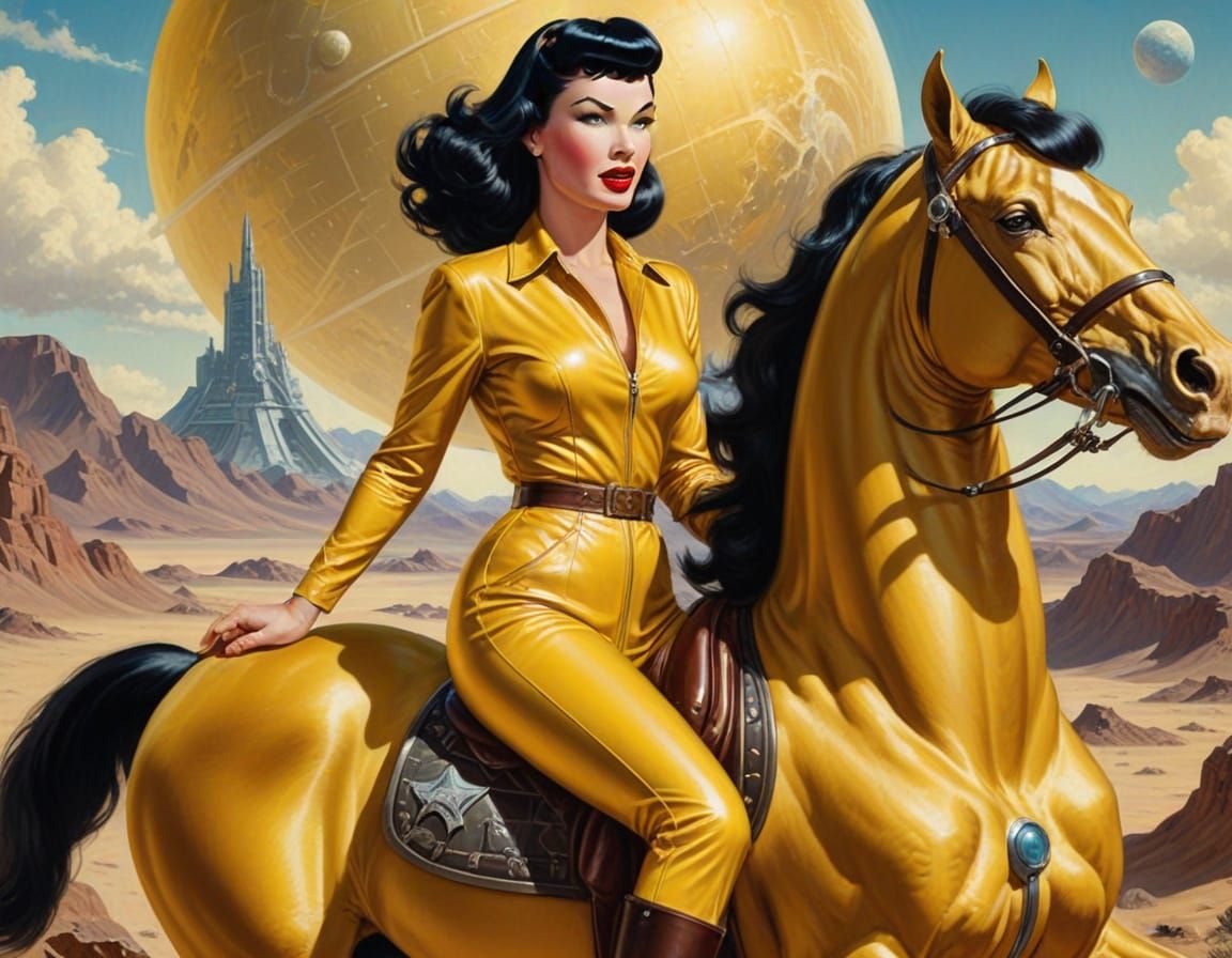 Bettie Page Rides a Cyber Horse on Alien Planet in Retro Fut...