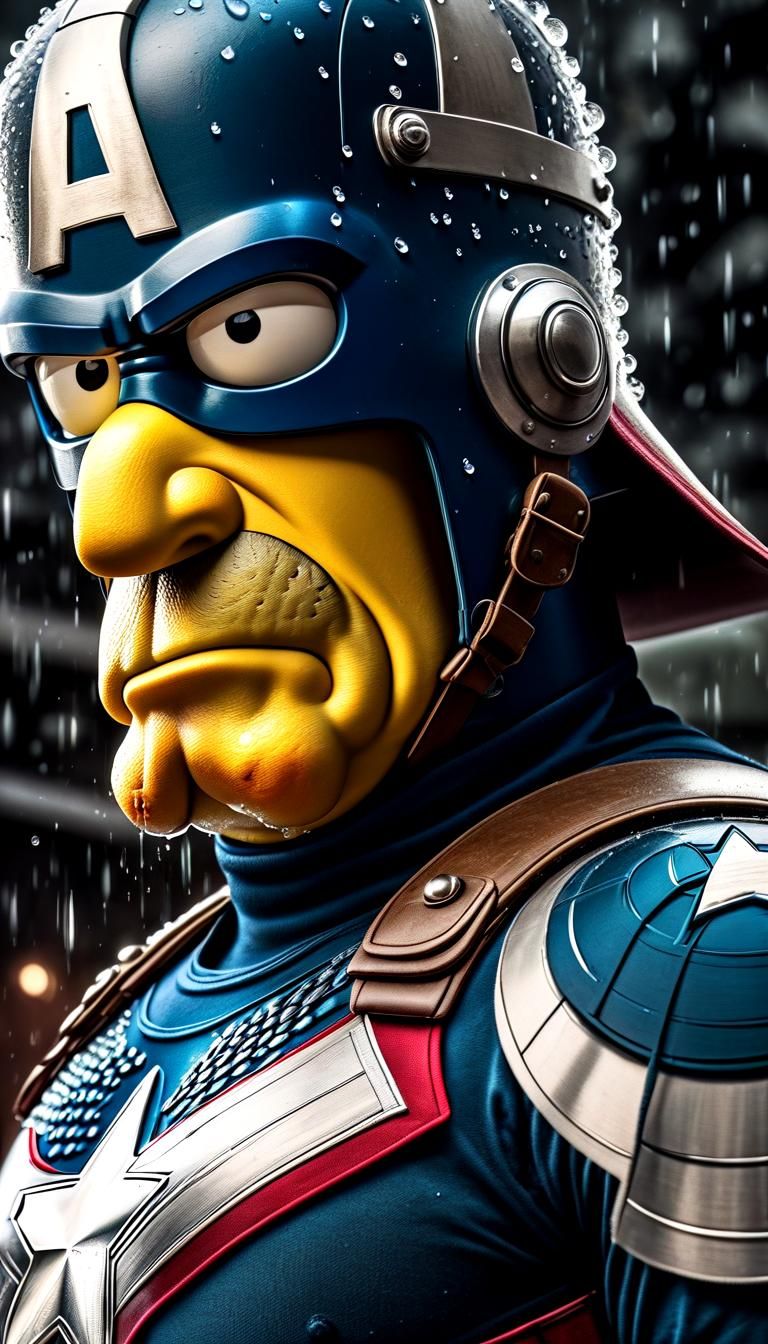 Homer Simpson as Captain America in Hyperrealistic Style