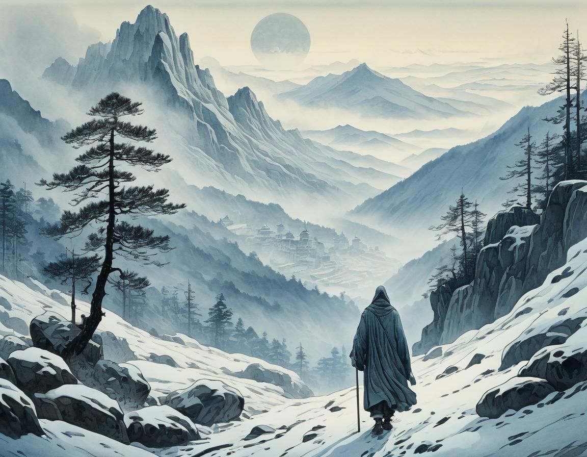 Ethereal Phantom in Misty Mountains: Ink Wash Painting