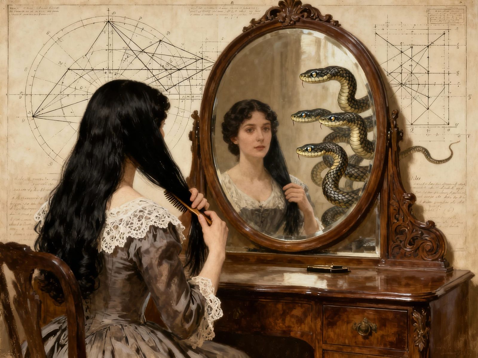 Victorian Woman With Snakes in Mirror, Ada Lovelace Inspired