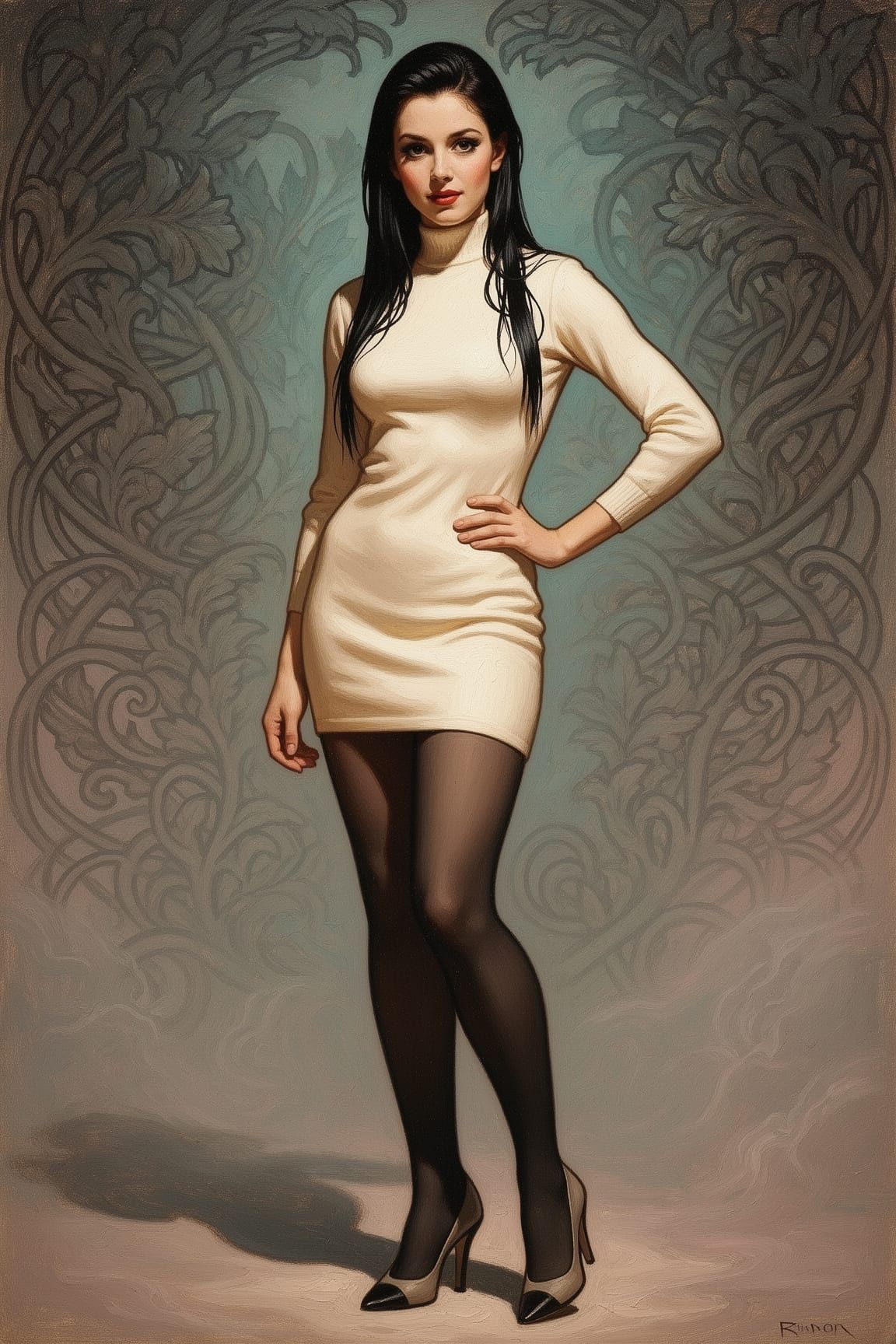 1950s Pin-Up Woman in Ivory Dress, Art Nouveau Style