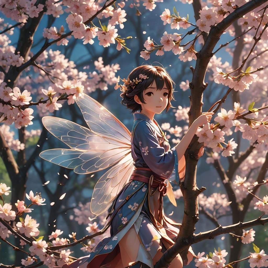 Anime Fairy Lands on Cherry Branch in Morning Light