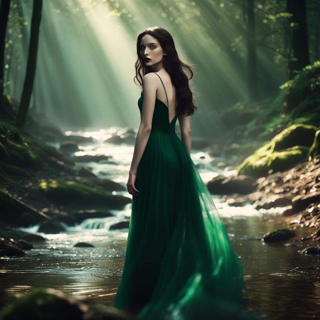 Ethereal Emerald Enchantress in Misty Forest