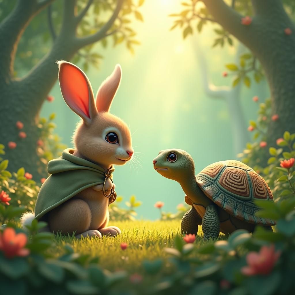 Rabbit and Turtle Converse in Lush Forest: 3D Anime Art