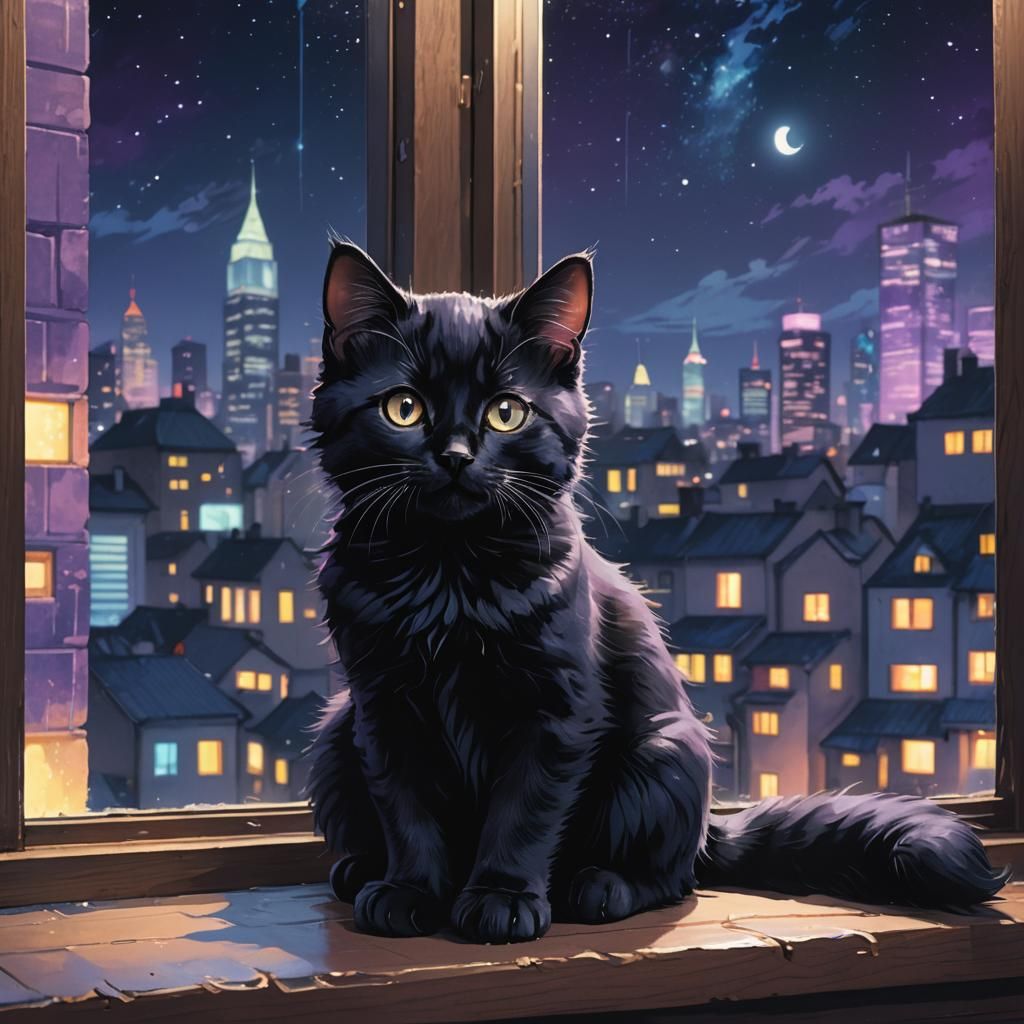Cute Black Kitten Gazing at City Lights: Anime Style