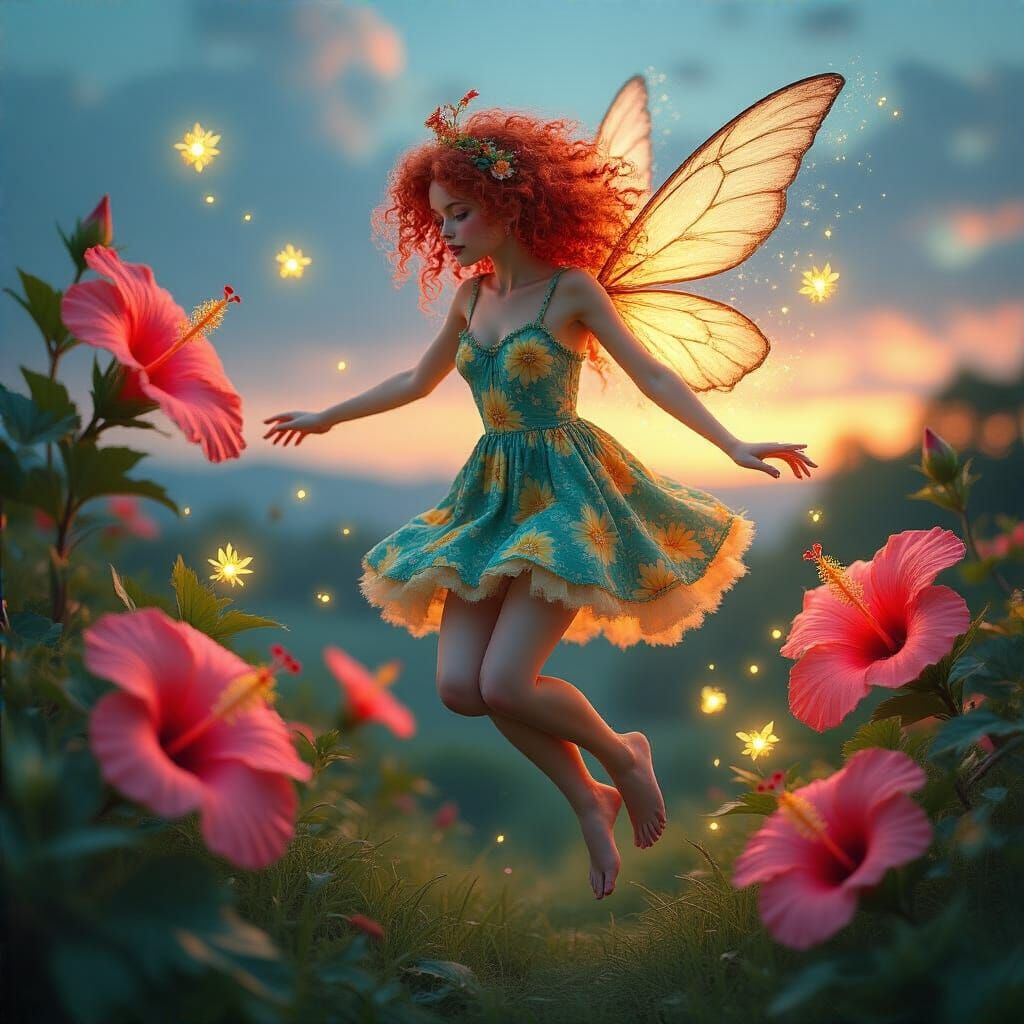 Fairy Flying Through Hibiscus Garden at Dusk