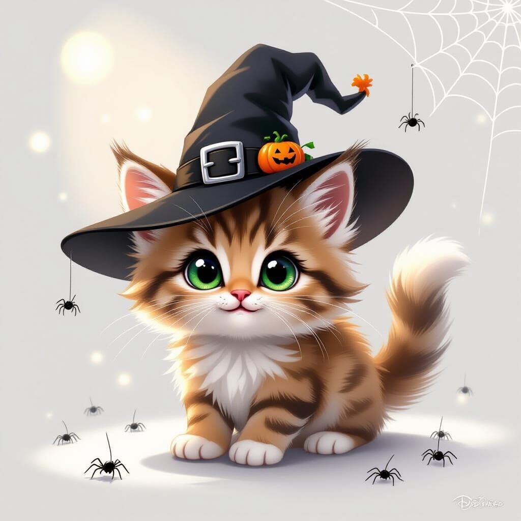 Adorable Cartoon Kitten in Witch Hat with Pumpkin Decoration...