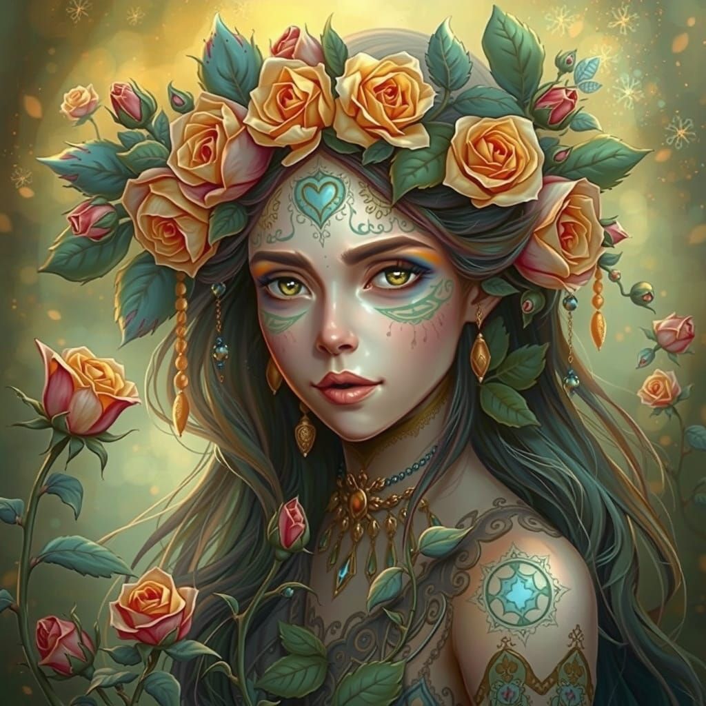 Rose Dryad Protecting Rose Growth in Fantasy Art
