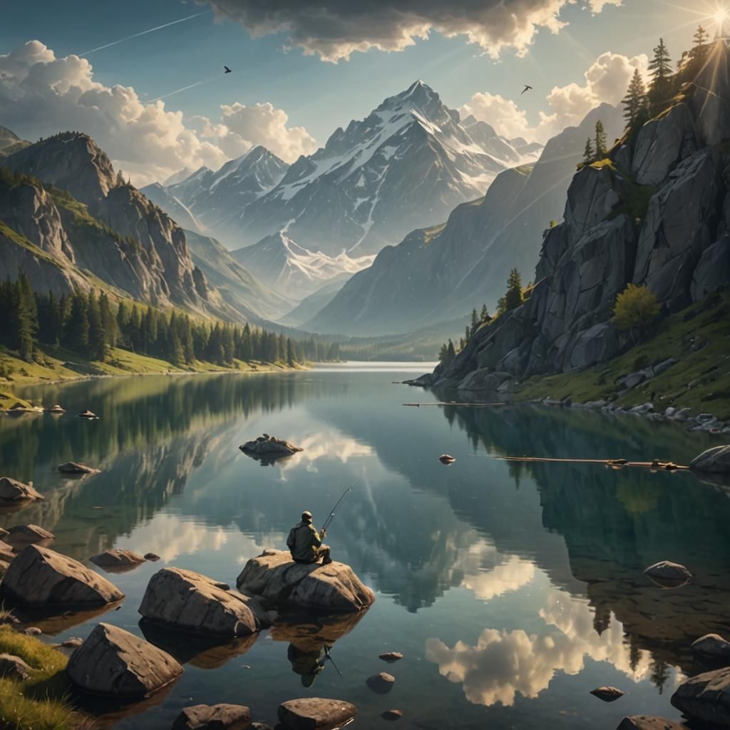 Lone Fisherman by Lake with Mountains in Sunlight