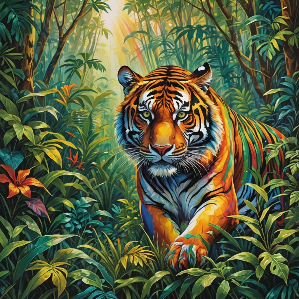 Majestic Tiger in Vibrant Jungle, Detailed Matte Painting