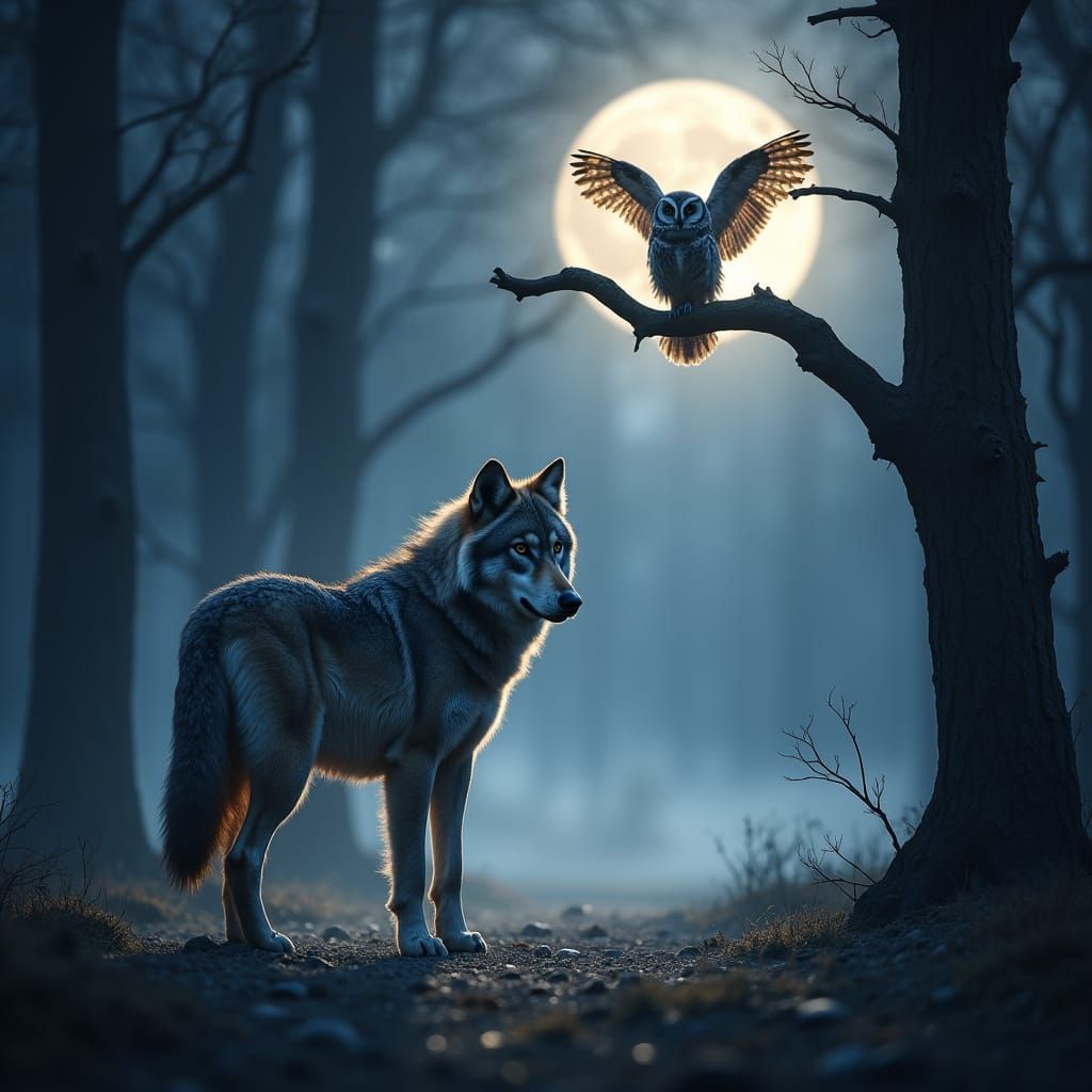 Wolf and Owl in Moonlit Forest, a Wildlife Photography Maste...