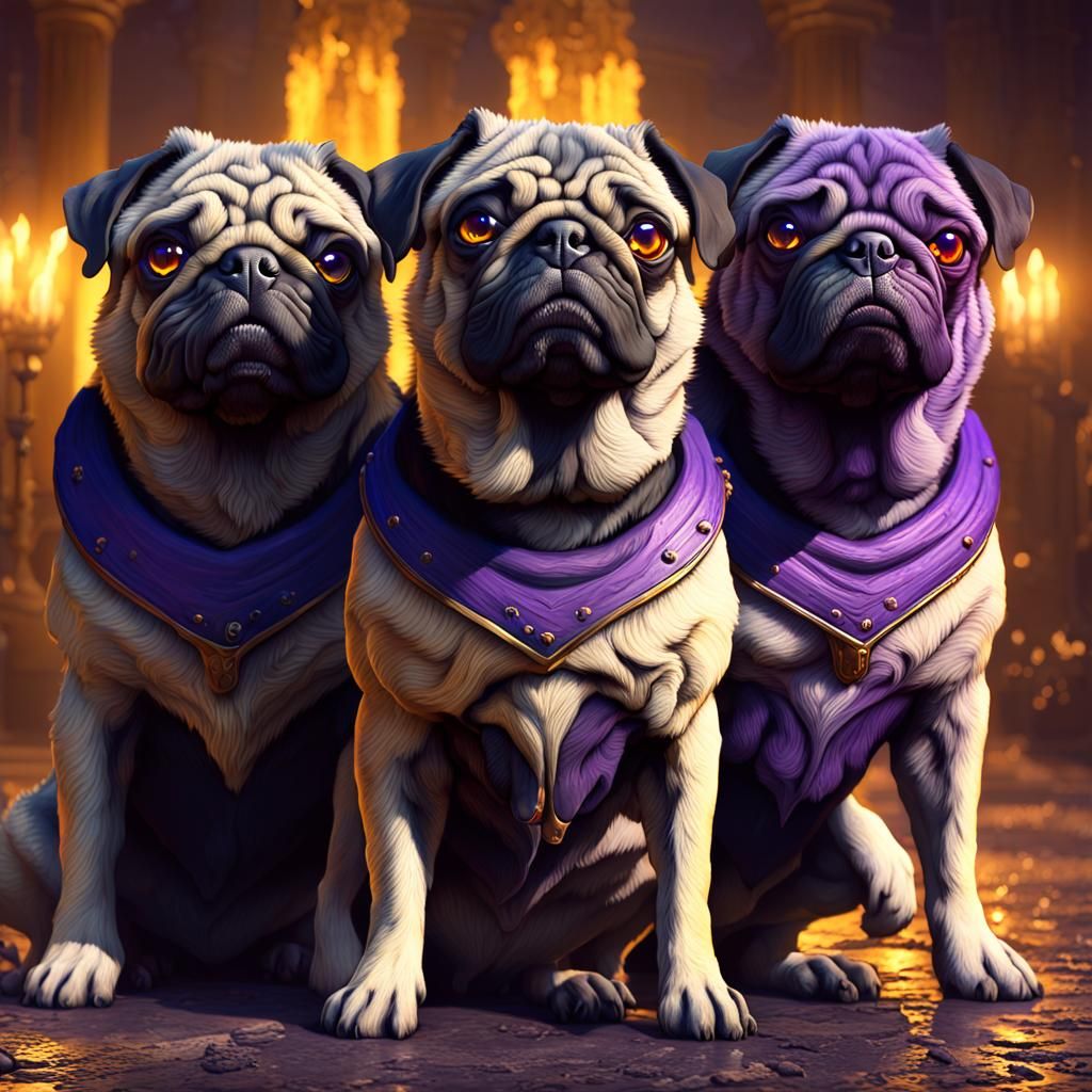 Three-Headed Pug Cerberus: Dark Fantasy Art