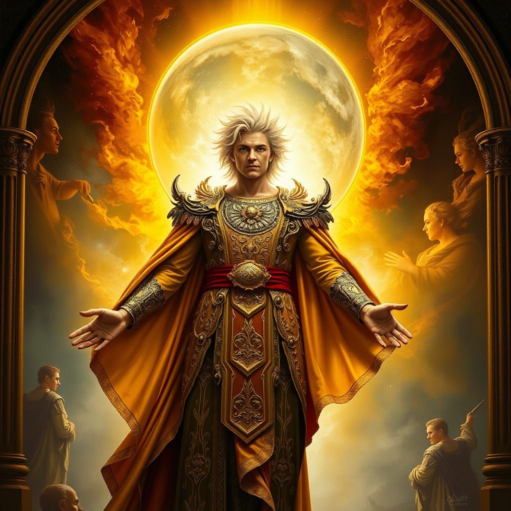 Dio Brando from JoJo’s Bizarre Adventure in a grand Renaissance painting style, wearing golden, intricate robes.