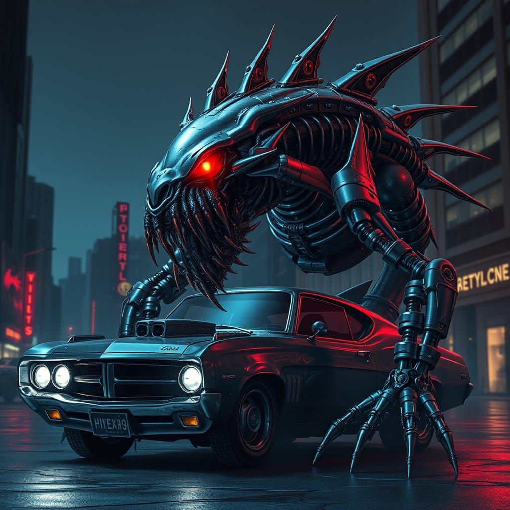 Cybernetic Monster Muscle Car in Dystopian Cityscape