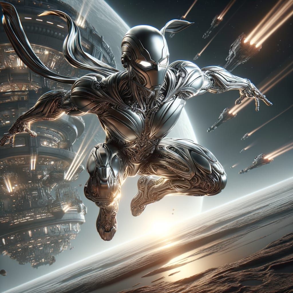 Metallic Iron Superhero Lands on Futuristic Alien Planet
