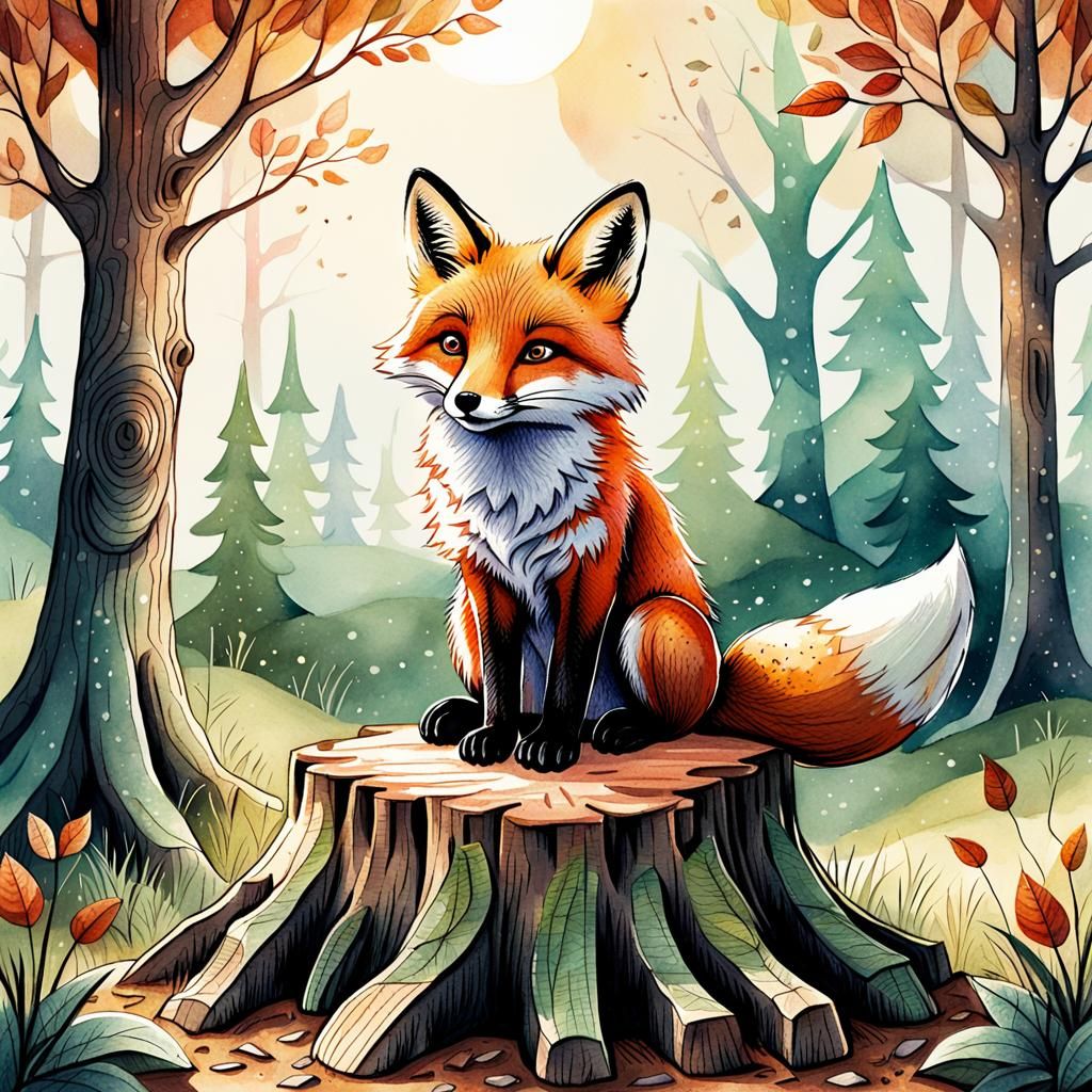 Cute Fox on Stump: Pen, Ink, and Watercolor