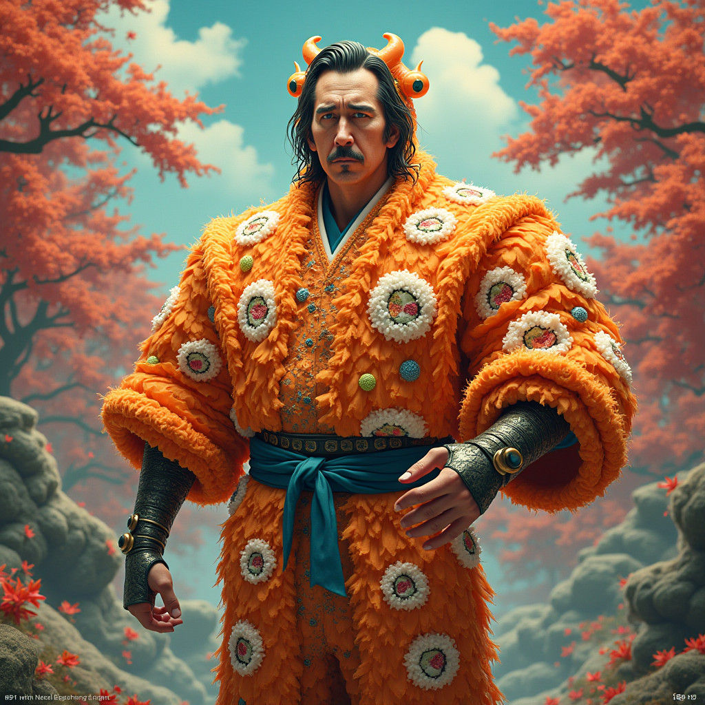 Nicolas Cage as Sushi Hero in Japanese Folklore Style