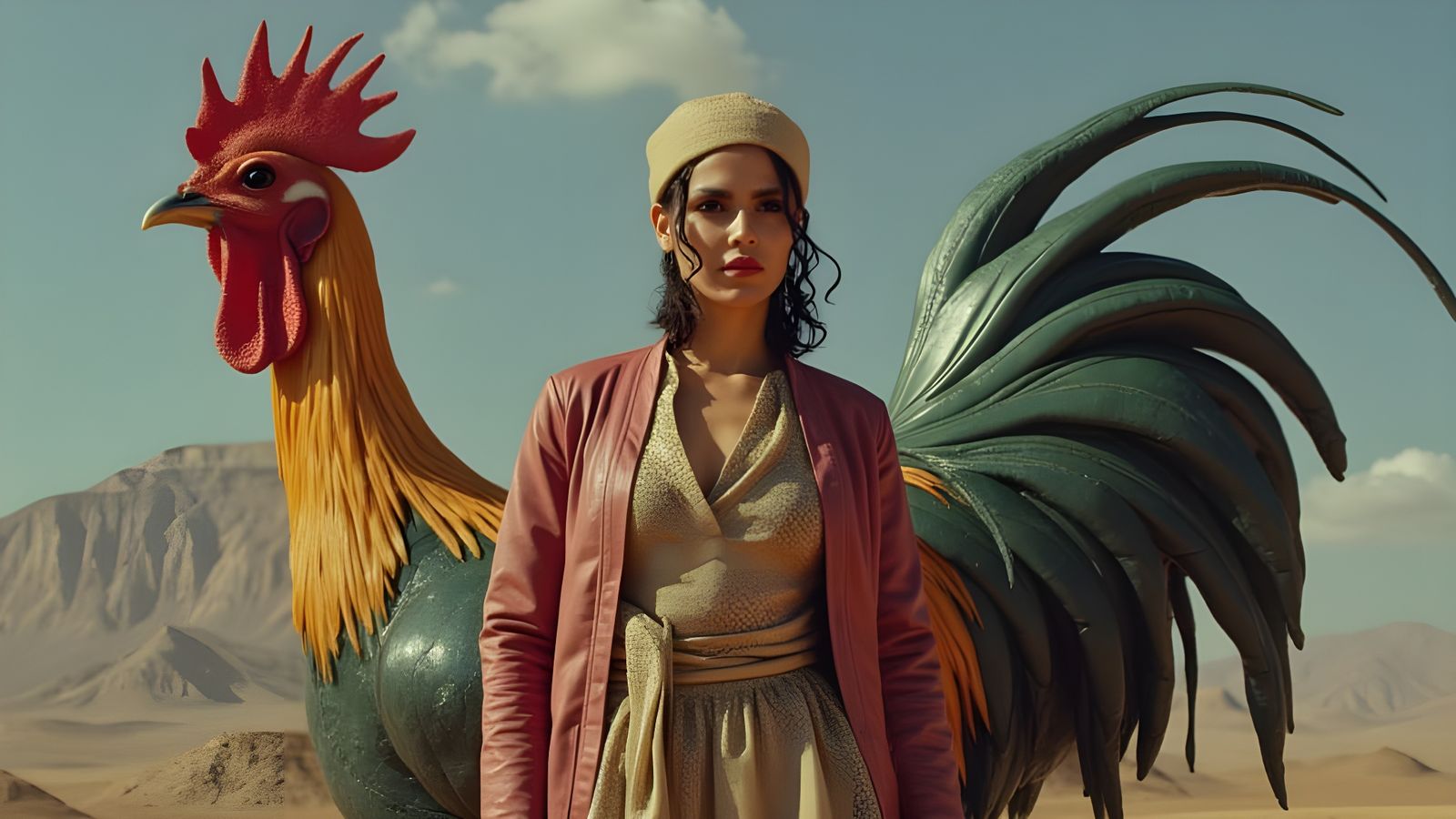 Giant Alien Rooster Monument in Vibrant Colors