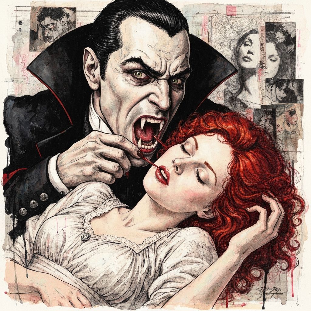 Dracula Attacks Sleeping Woman in Mixed Media Style