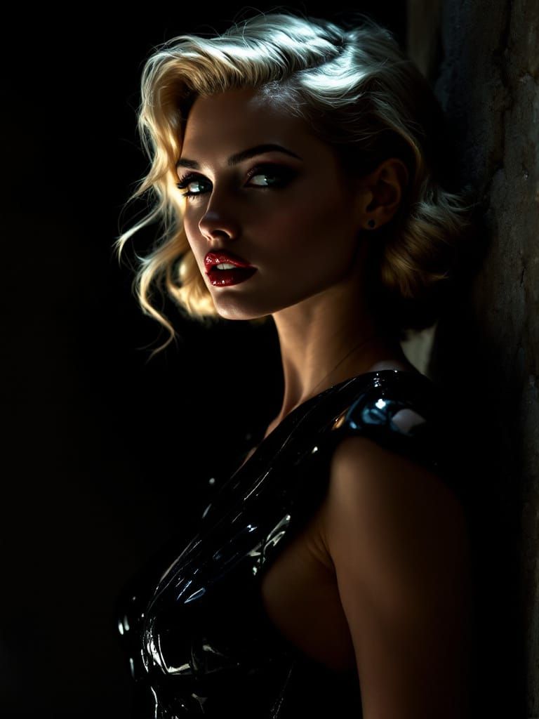 Blonde Pin-Up Woman in Dramatic Film Noir Style